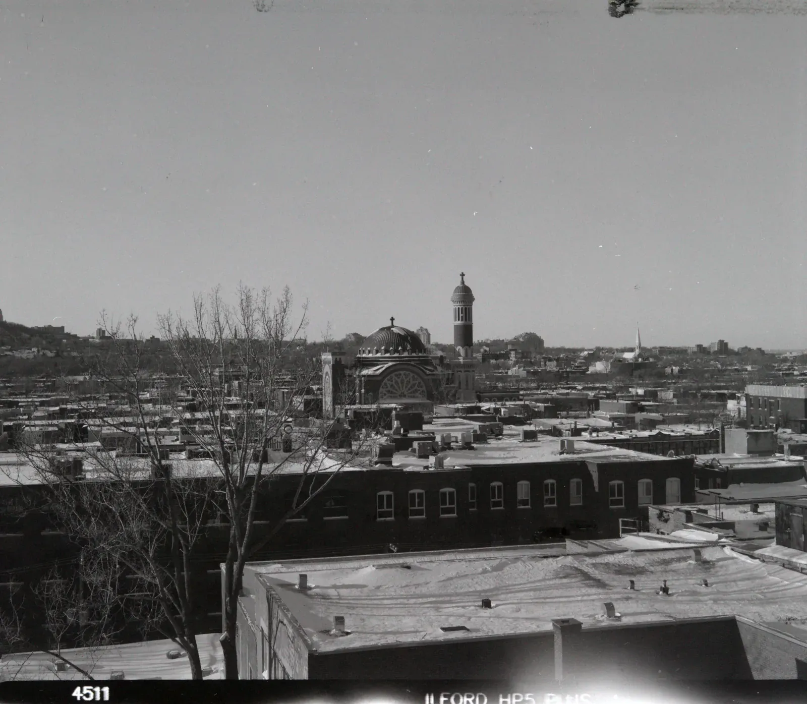 City rooftops and a church dome, converted from an Ilford HP5 Plus negative
