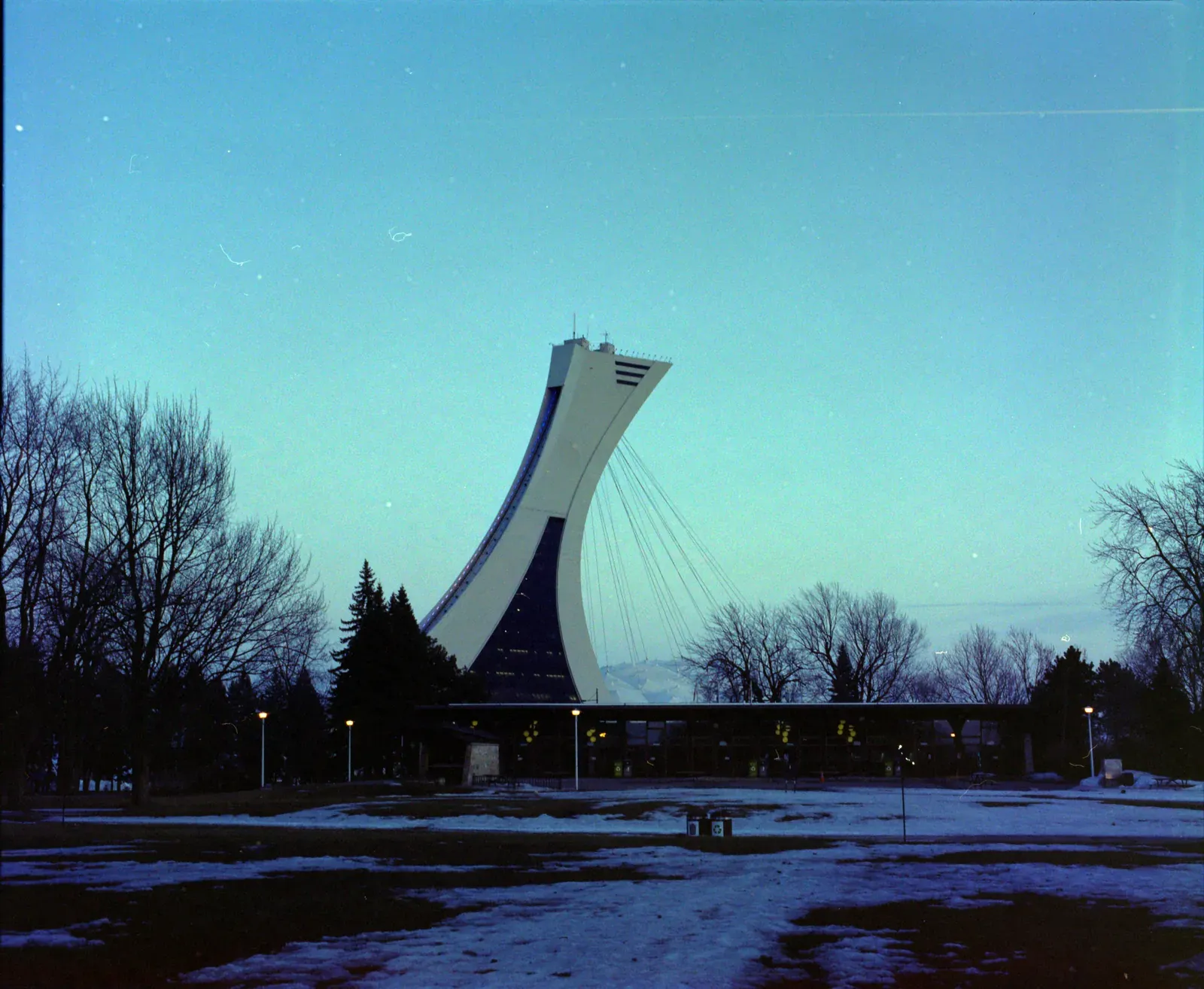 Montréal's Olympic Stadium tower in winter, converted with Telecine