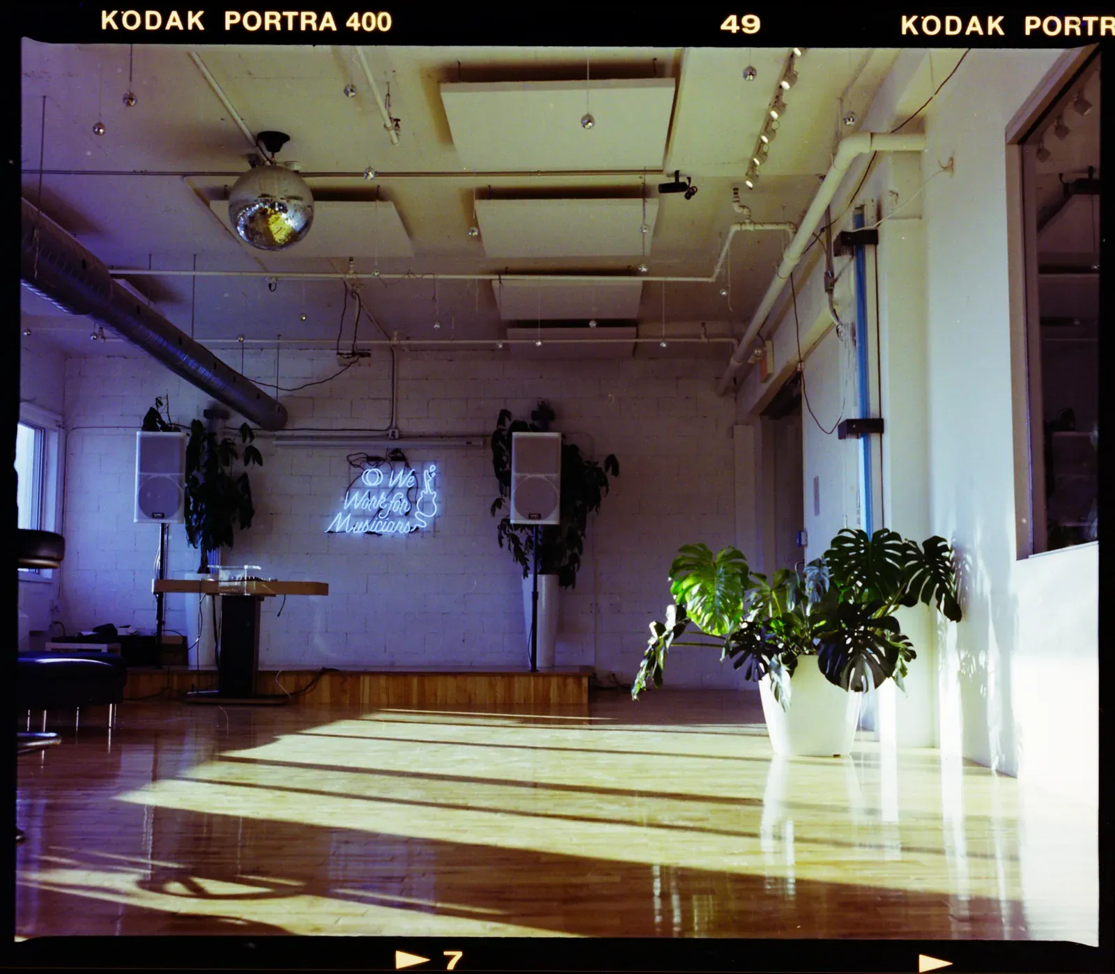 A bright studio with plants, a disco ball and a neon sign, converted with Vivid 100